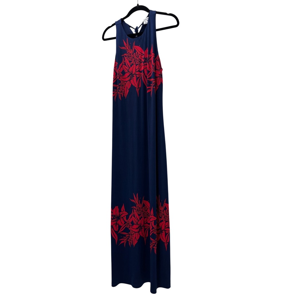 Tommy Bahama Navy Blue Red Floral Lily Maxi Dress Sleeveless L